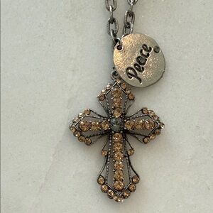 Silver Cross Pendant Necklace with Peace Charm